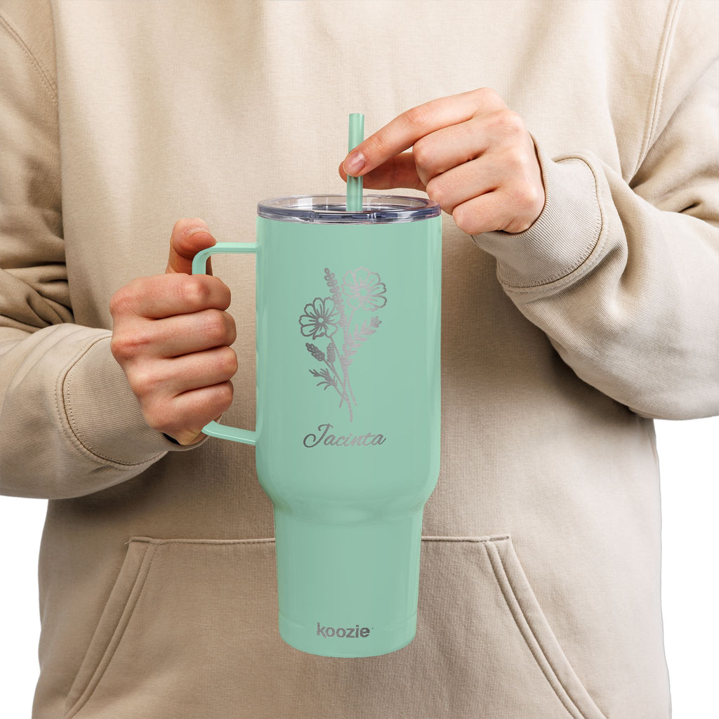 40oz Engraved Tumbler with Handle – Floral Bouquet "Forever" Insulated Travel Mug