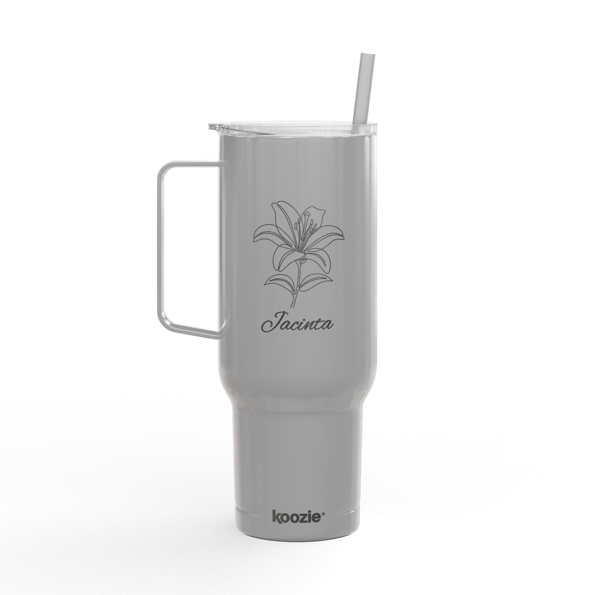 40oz Engraved Insulated Tumbler with Lid & Handle — Floral Lily Design, Personalized Name Option