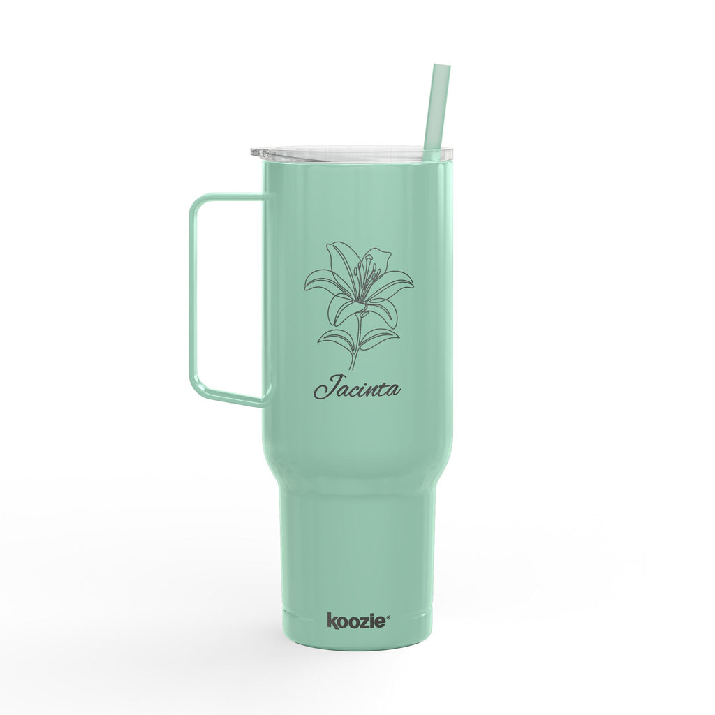 40oz Engraved Insulated Tumbler with Lid & Handle — Floral Lily Design, Personalized Name Option