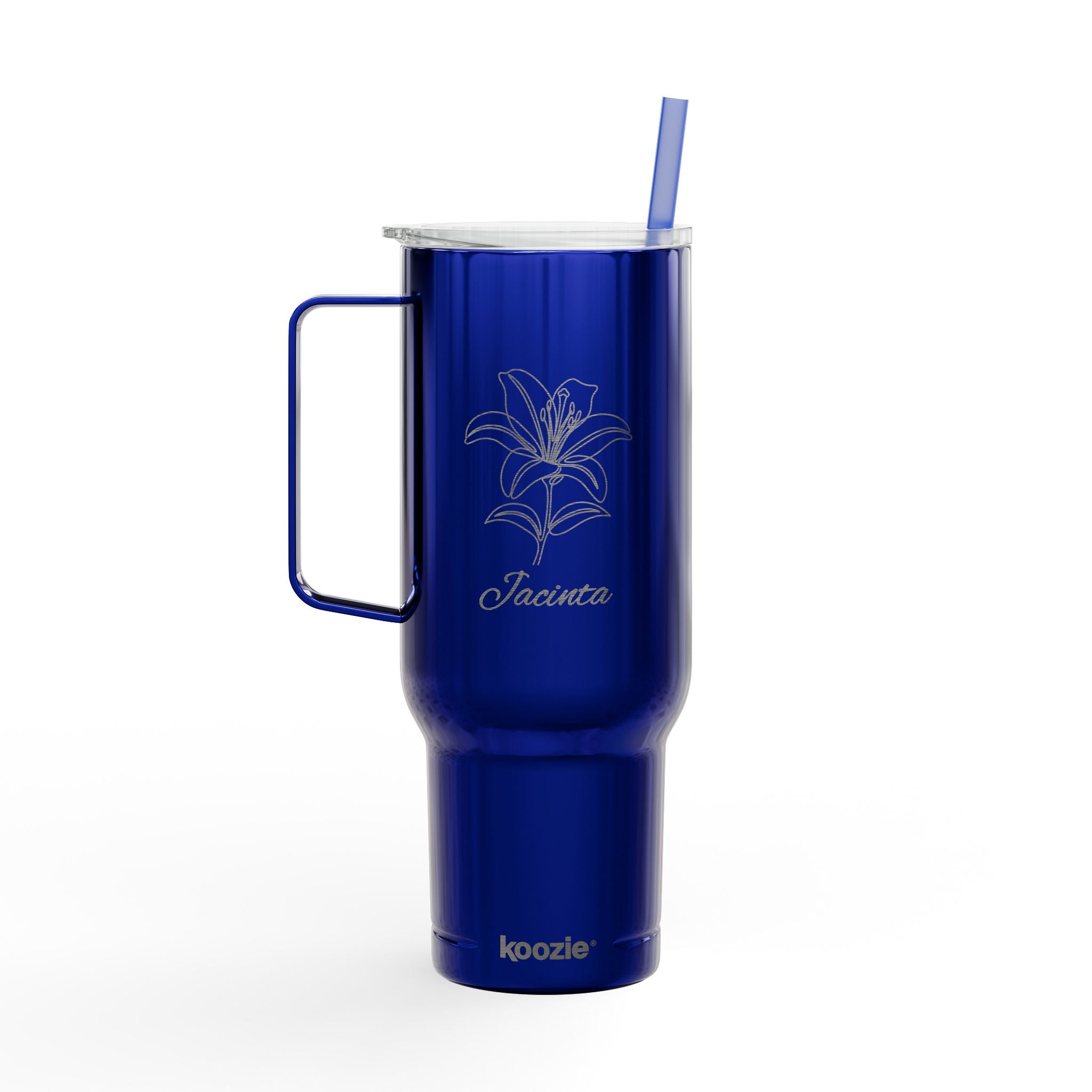 40oz Engraved Insulated Tumbler with Lid & Handle — Floral Lily Design, Personalized Name Option