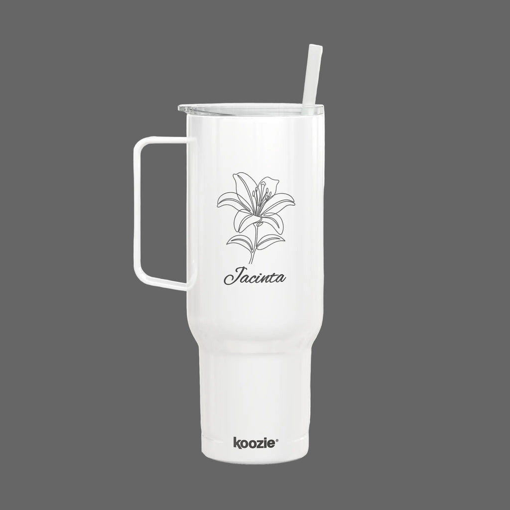 40oz Engraved Insulated Tumbler with Lid & Handle — Floral Lily Design, Personalized Name Option