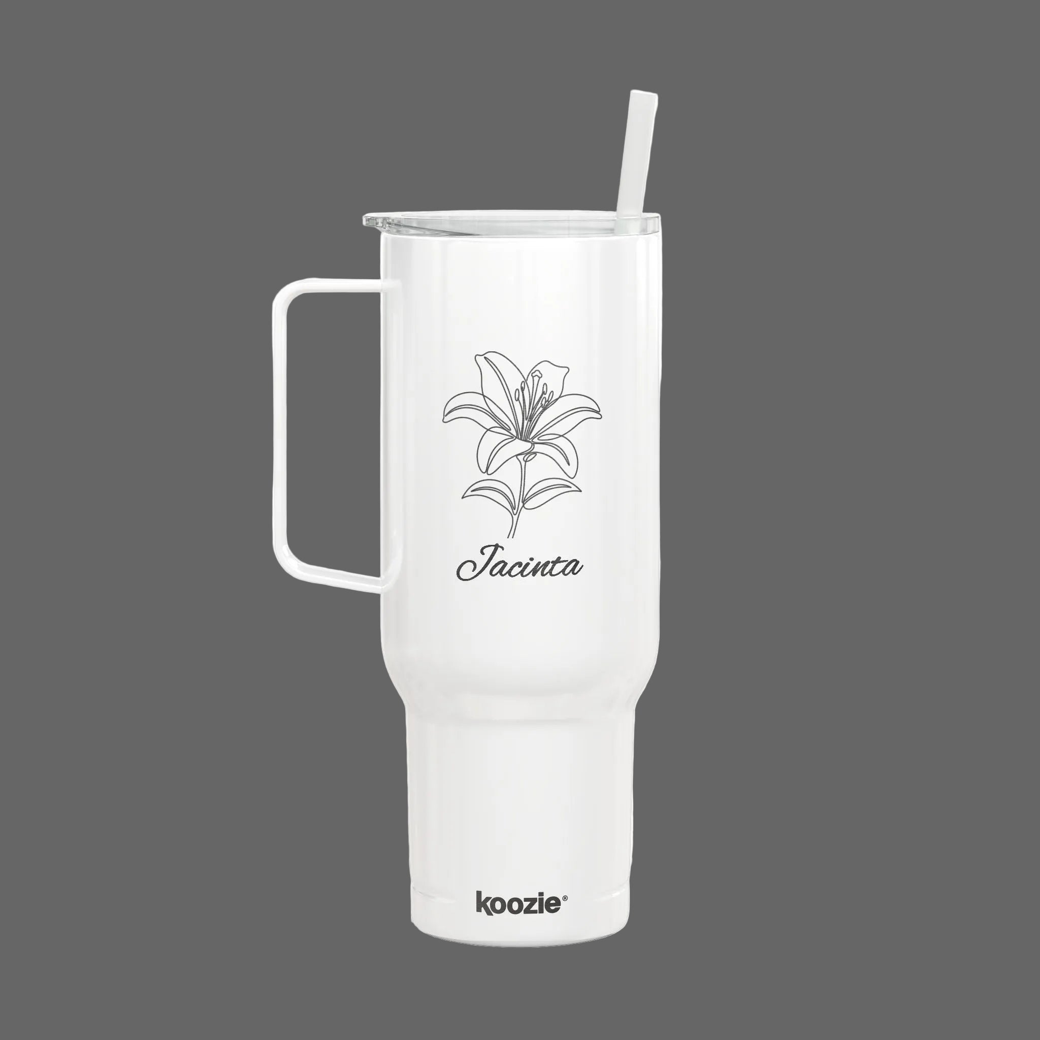 40oz Engraved Insulated Tumbler with Lid & Handle — Floral Lily Design, Personalized Name Option