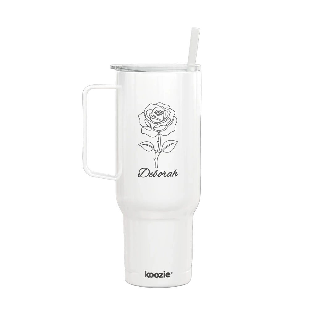 40oz Engraved Tumbler with Lid & Straw — Rose Design, Personalized Name Option